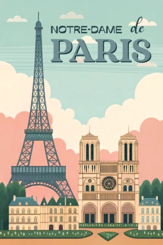 Vintage Paris Landmark Design with Eiffel Tower and Notre-Dame for Travel Posters