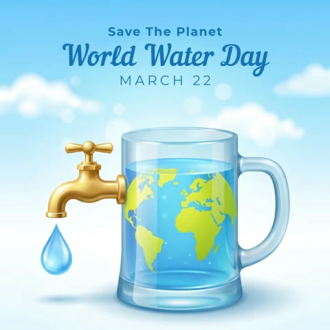 World Water Day 2026 Decorative Glass Mug with Earth and Faucet Droplet Illustration for Environmental Awareness and Water Protection