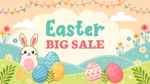 Easter Sale Design Template: Whimsical Bunny and Colorful Eggs