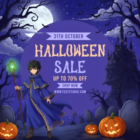 Template di vendita di Halloween per manga spettrale con design di mago per promozione volantino