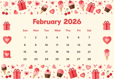 Calendario de pared de febrero de 2026 edición de postres románticos con coberturas de cereza y regalos envueltos.