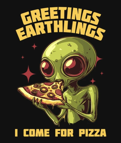 Alien mangia pizza fuori dal mondo design di maglietta per test di gusto