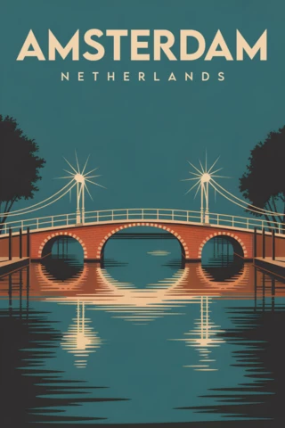 Minimalist Amsterdam Bridge Vintage Illustrations for Retro Flat Posters Template