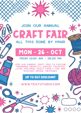 Modèle de flyer pour événement de marché artisanal fait main avec fournitures de couture, laine et décorations de bricolage