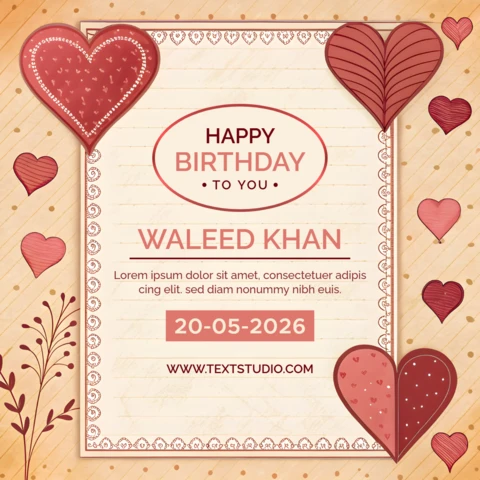 Diseño de plantilla de tarjeta de cumpleaños editable con motivos de corazón y acentos florales.