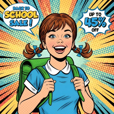 Banner de mensagem de venda de garota estilo quadrinhos voltando às aulas com mochila para template de folhetos promocionais