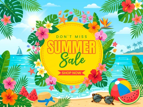 Summer Sale Promotional Banner with Tropical Floral Wreath and Beach Vacation Elements
