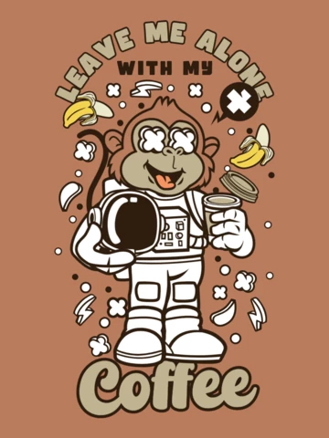 Plantilla de diseño de camiseta de mono de dibujos animados de astronauta y café