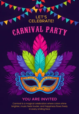 Colorful Carnival Party Invitation Template with Feathered Mask Design