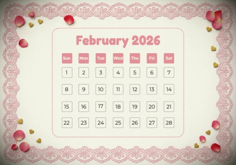 Seasonal Calendar Poster February 2026 Edition with Elegant Petal Border and Golden Valentine Accents