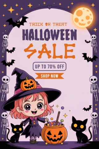 Whimsical Halloween Sale Design Template with Cute Witch and Cats for Promotional Flyers