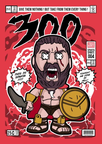 Plantilla de diseño de portada de revista del personaje de dibujos animados Leonidas 300