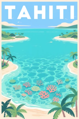 Tahiti Beautiful Lagoon Illustration for Retro Flat Travel Posters and Merch
