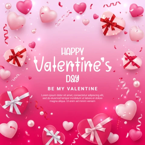 Valentine’s Day Background with Ribbon-Wrapped Hearts, Confetti, and Pink Gradient for Festive Greetings