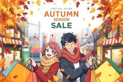Autumn Sale Manga Design Template with Shopping Couples and Fall Leaves for Promotional Flyers