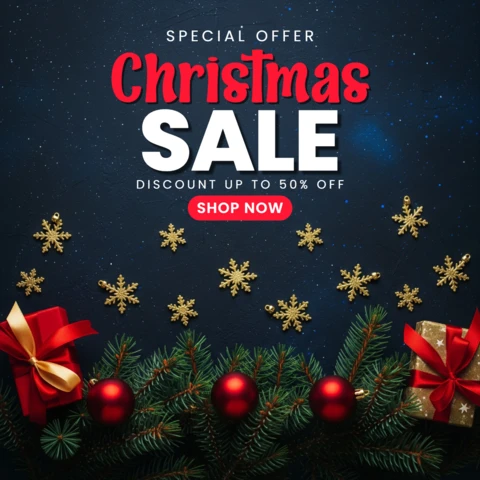 Poster promozionale per lo shopping natalizio con fascino regalo e elegante scintillio stagionale