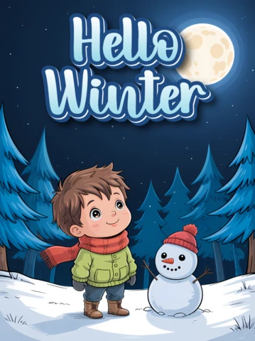 Design del template invernale per biglietti di auguri per bambini con pupazzo di neve e ragazzo