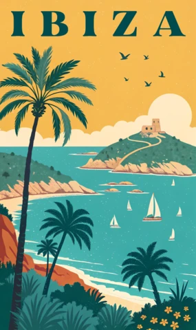 Retro Flat Ibiza Landscape Design Template for Poster