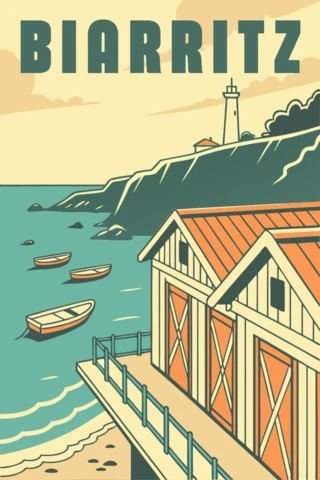 Vintage Biarritz Coastal Illustration for Retro Flat Posters Template