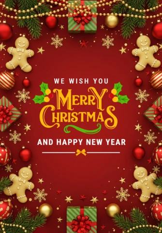 Christmas Greeting Card with Gingerbread Men, Candy Canes, Pine Branches, and Red-Gold Ornaments