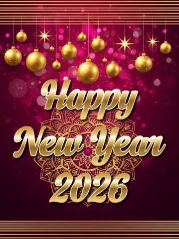 Elegant New Year 2026 Greeting Card Template with Gold Ornaments and Mandala Design
