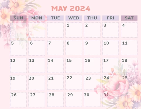 Roze en witte mooie bloemen eenvoudig modern mei 2024 maandelijkse kalendersjabloon