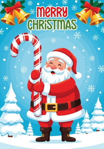 Christmas Greeting Santa Holding Candy Cane in Snowy Forest with Bells and Holly Decorations Poster Design Template