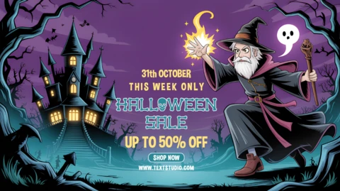 Volantino per la vendita di Halloween con un mago cartoon spettrale in stile cartoon