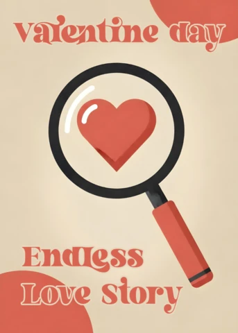 Plantilla de historia de amor para el día de San Valentín con diseño de lupa en forma de corazón para tarjetas de saludo vintage.