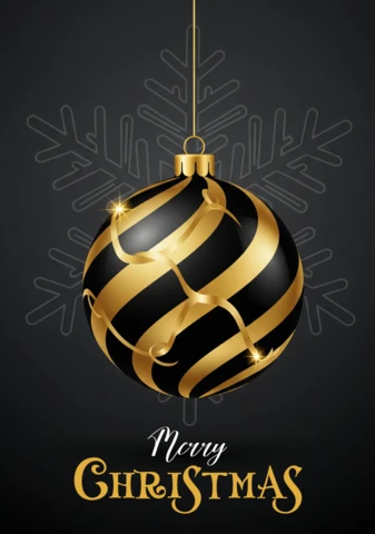 Cartão de Natal elegante com paleta preto-dourada e acento de ornamento pendurado.