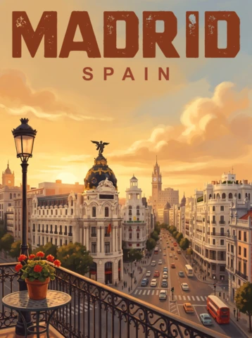 Vintage Retro Madrid Adventure Poster Spain Scenic Cityscape Balcony View Sunset Avenue Historic Architecture Travel Wall Decor