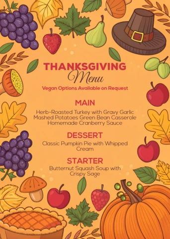 Modello di design del menu del Ringraziamento con foglie autunnali e frutti di stagione per la pianificazione di eventi