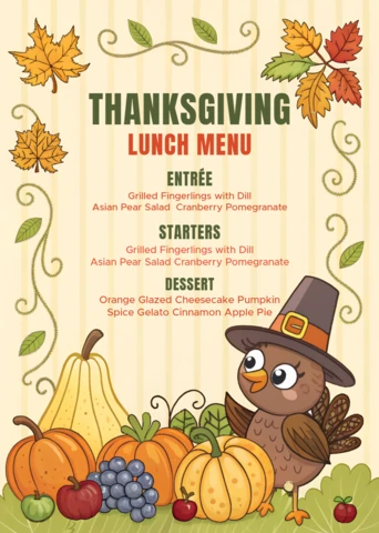 Thanksgiving Menu Design Template with Cute Cartoon Turkey and Autumn Leaves for Festive Events