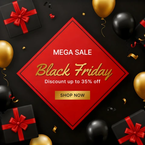 Black Friday Sale Design Template with Gift Boxes and Balloons for Promotional Flyers