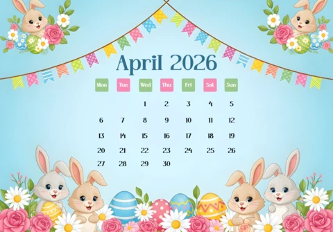 Colorful Weekday Boxes with Rabbits, Eggs, Flowers, and Decorative Border Theme April 2026 Calendar Poster
