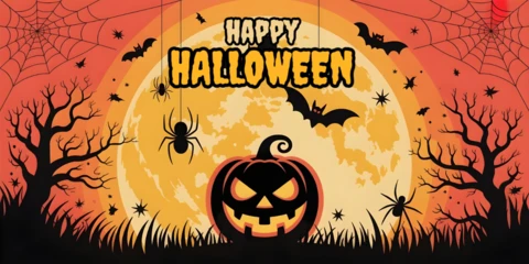 Feliz Halloween céu laranja, sinistro jack-o'-lantern e atmosfera assustadora modelo de capa do youtube
