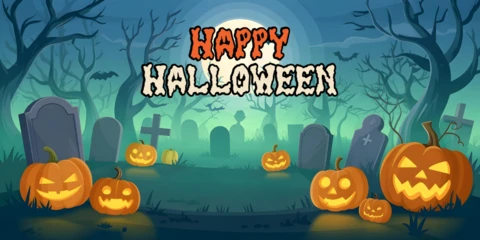 Halloween-Friedhof leuchtende Kürbisse, grüner Nebel & Vollmond-Szene Facebook-Cover-Design-Vorlage
