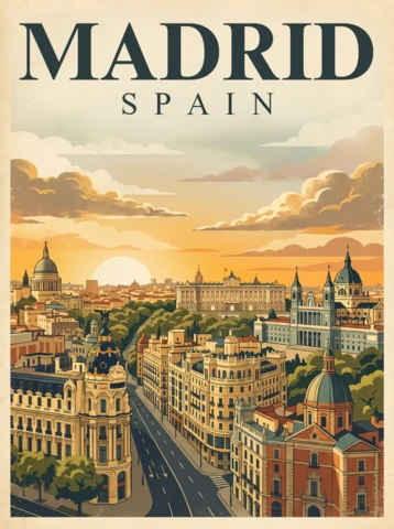Vintage retro Madrid avontuur poster Spanje zonsondergang stadsgezicht centrale avenue bomen koepeltorens klassieke architectuur reis wanddecoratie