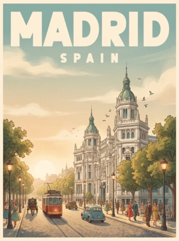 Vintage Retro Spain Travel Wall Art Print Madrid Sunset Poster Scenic Historic Building Tram Car Golden Evening Landscape