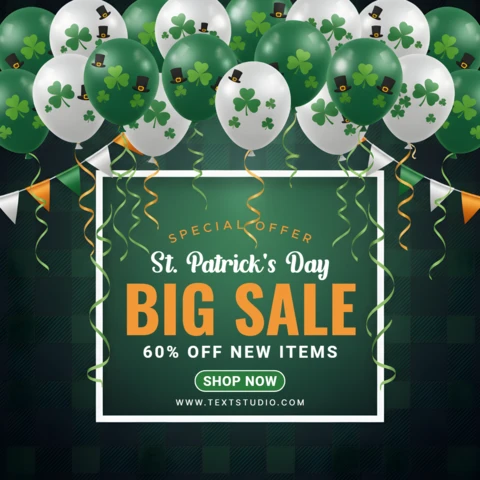 Saint Patrick’s Day Advertising Sale Flyer Design Template with Shamrocks, Leprechaun Hats, and Festive Discount Promotion