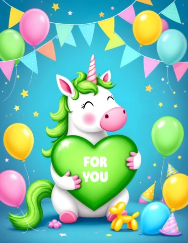 Playful Unicorn Birthday Card Design Template with Green Heart and Balloons