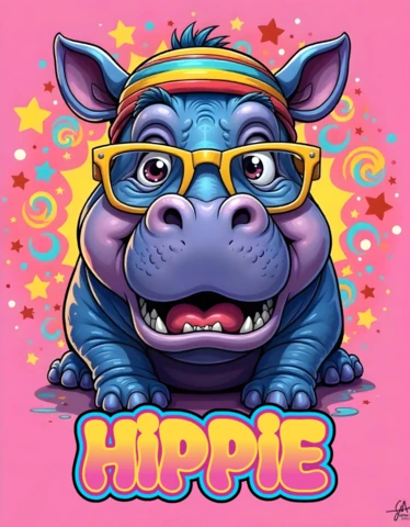 Funky Hippie Hippo Cartoon Illustration Template