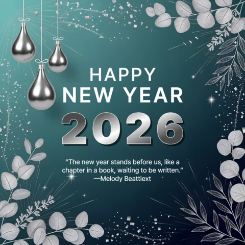 メタリック装飾のあるエレガントな2026年新年のグリーティングカードデザインテンプレート