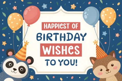 Editable Cartoon Birthday Wishes Template Design with Cute Animals and Balloons