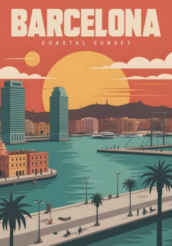 Barcelona Coastal Sunset Sailboat, Skyline & Palm Promenade Travel Posters Design Template