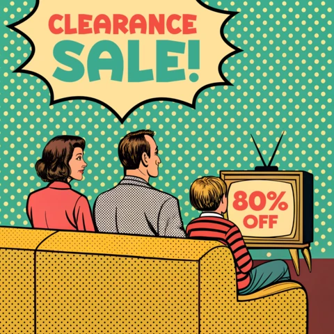 Template de venda de arte pop retrô para folhetos promocionais com família assistindo TV