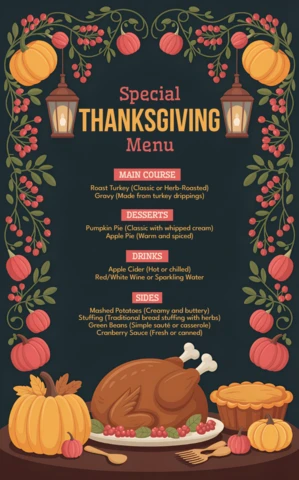 Thanksgiving Menu Design Template with Festive Pumpkins and Lanterns for Holiday Celebrations