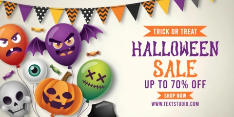 Venta espeluznante de Halloween, banderas de fiesta, globos de susto y plantilla de diseño de portada de YouTube con un 70% de descuento.