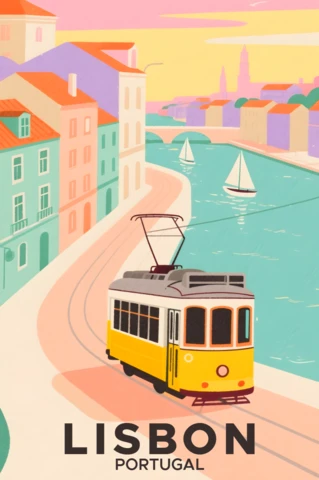 Lisbon Tram Colorful Pastel Vintage Design for Travel Posters Template