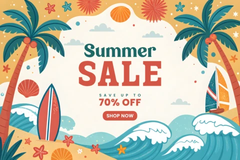 Summer Sale Design Template - Vibrant Tropical Style with Surfboards and Palm Trees